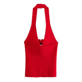 Haut débardeur à dos nu et col suspendu, coupe slim, motif floral décoratif